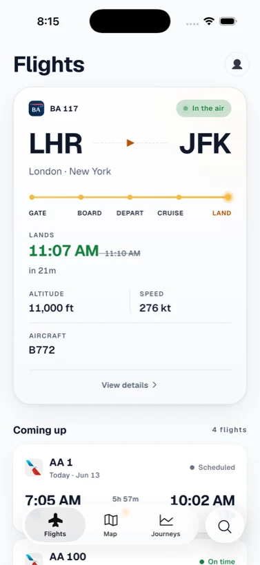 FlightFlow home screen showing a live British Airways 117 from London to New York, in the air and on time, with upcoming flights listed below