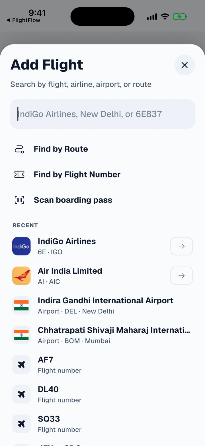 Add Flight screen with options to find a flight by route, by flight number, or by scanning a boarding pass, with no sign-in.