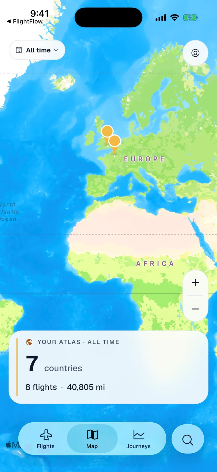 A personal travel atlas map showing 7 countries and 8 flights totaling 40,805 miles.
