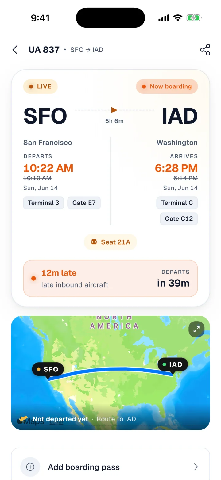 FlightFlow flight detail for United 837 from San Francisco to Washington, now boarding at gate E7, marked 12 minutes late from a late inbound aircraft, with a live route map below.