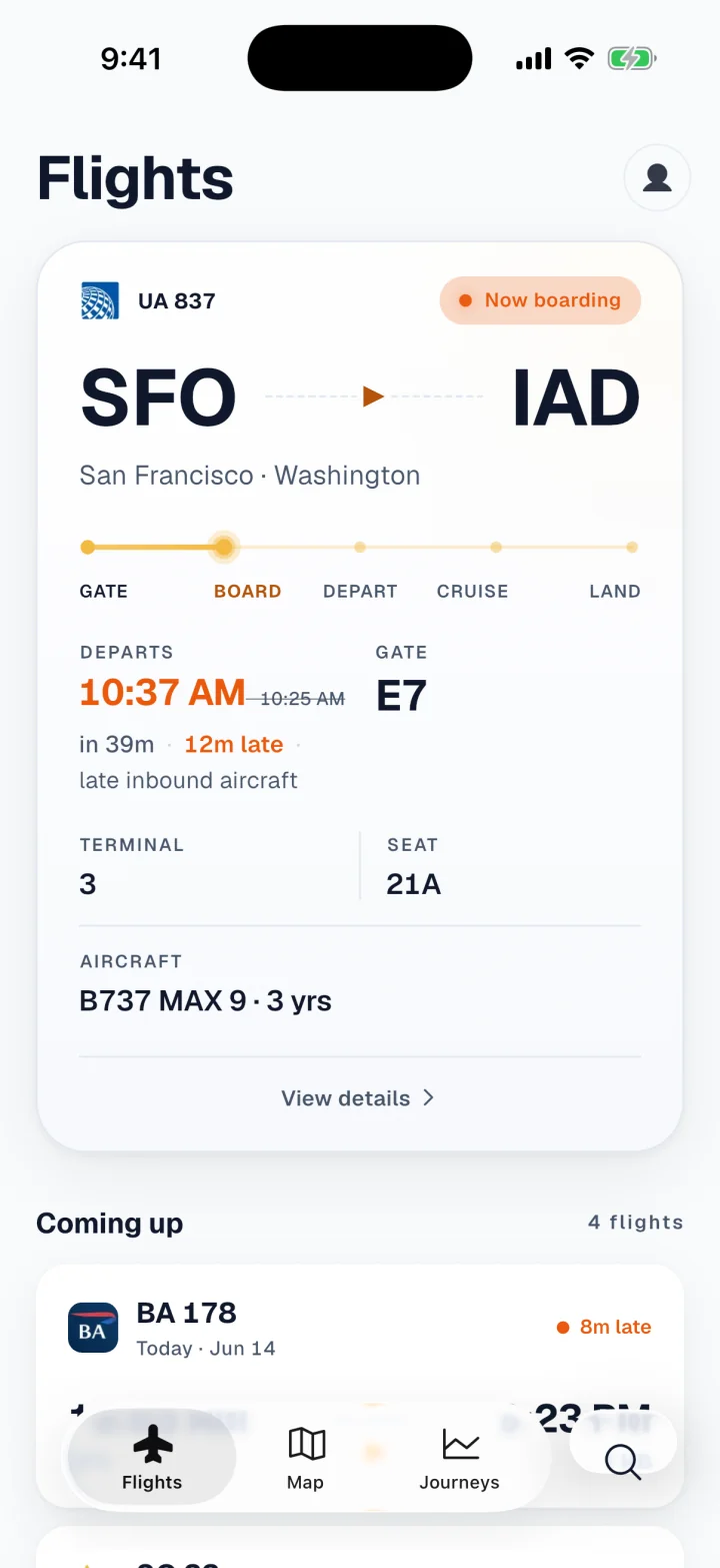 FlightFlow home screen listing flights, with United 837 boarding at gate E7 and more flights coming up below.