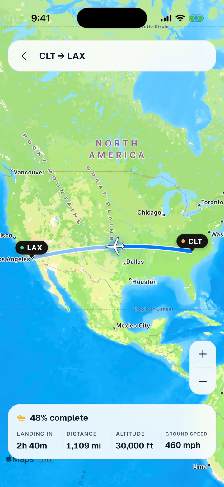 Live map tracking a flight from Charlotte to Los Angeles, 48 percent complete at 30,000 feet and 460 mph.